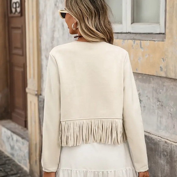 WESTERN Cream Fringe Faux Suede Long Sleeve Open Front Studded Jacket - Picture 3 of 6